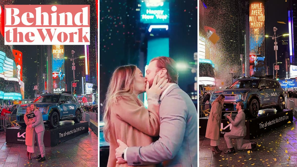 A marriage proposal displayed on a large digital screen in Times Square