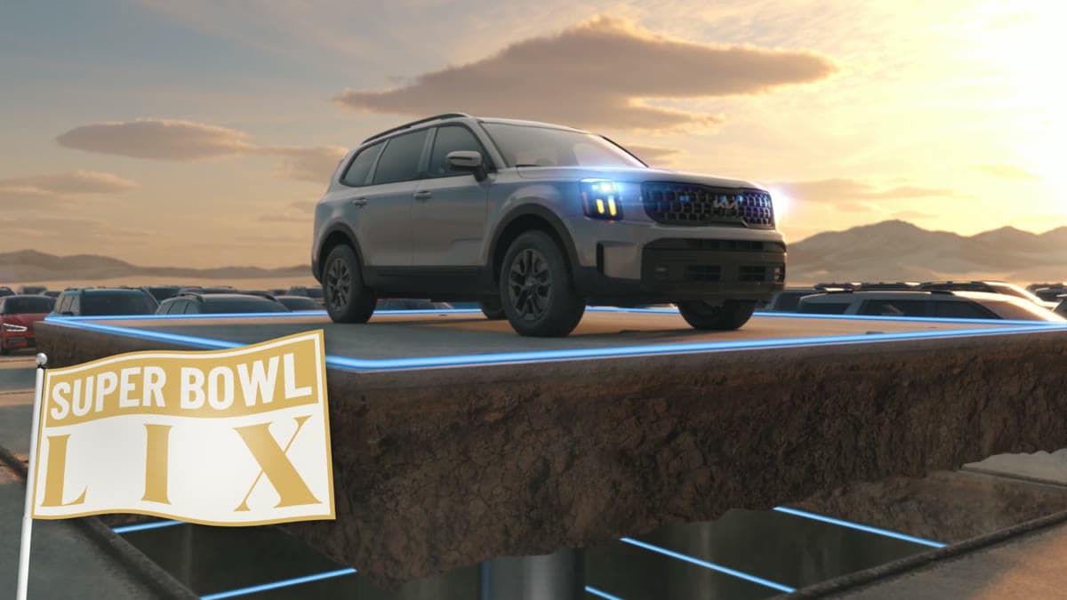 Kia Super Bowl Squares mobile game shown alongside four Kia vehicles
