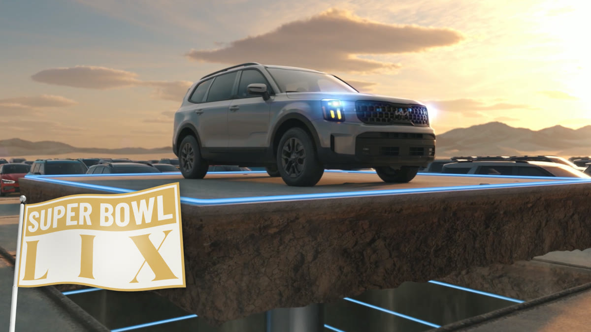 Kia Super Bowl Squares mobile game shown alongside four Kia vehicles